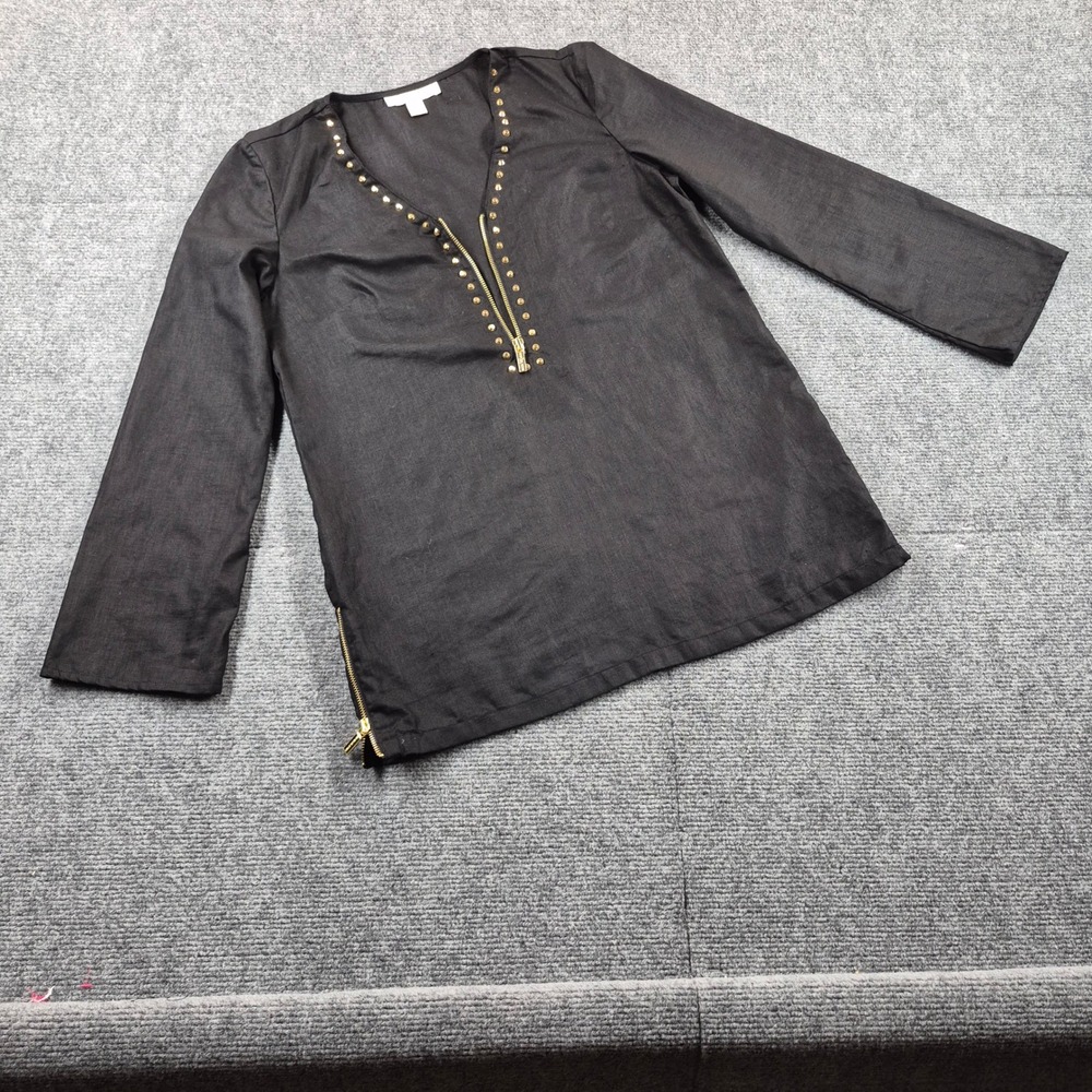 Michael Kors Black Studded Zip Linen Tunic Top Blouse Womens Size M